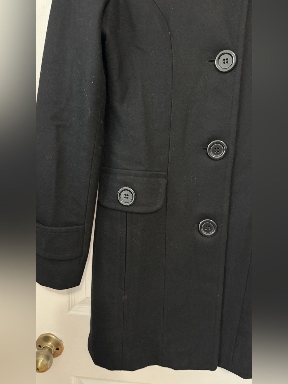 Women's Black Wool-Blend Pea Coat with Button Front - Picture 4 of 7